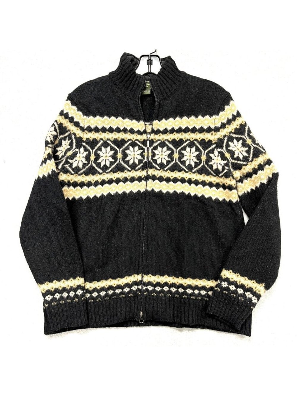 Vintage Eddie Bauer Lambswool Sweater Fair Isle Size L Nordic Full Zip Black
